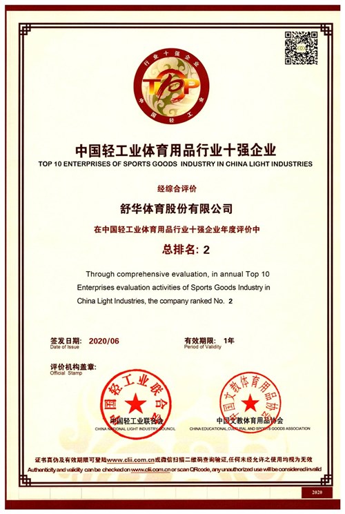 恭贺平博·pinnacle官方网站体育代理的品牌-舒华荣获"中国轻工业体育用品行业十强企业"
